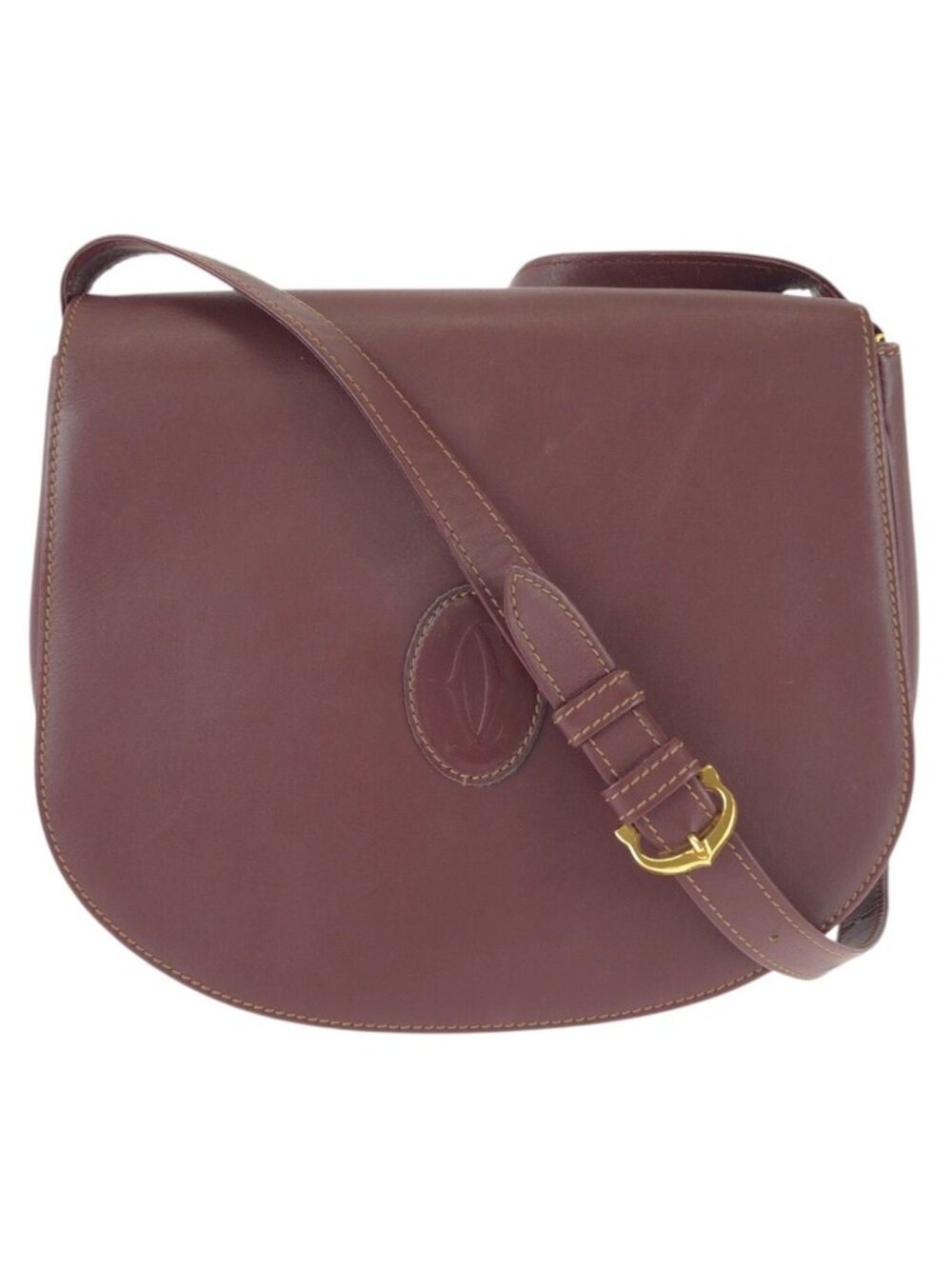 Cartier Vintage Must Line Wine Red Bordeaux Gold Leather Shoulder Bag